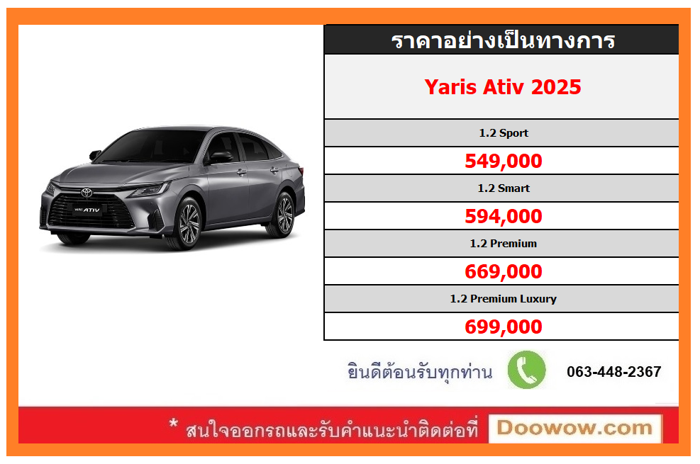 ราคาอย่างเป็นทางการ Toyota Yaris Ativ 2025
