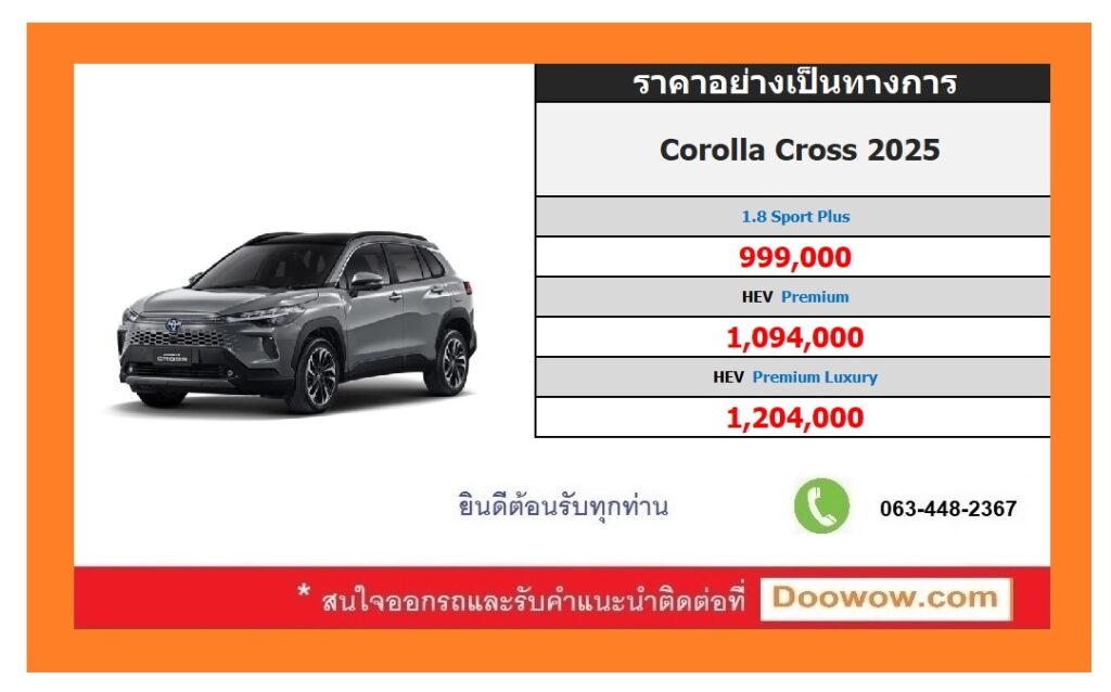 ราคาอย่างเป็นทางการ Toyota Corolla Cross 2025