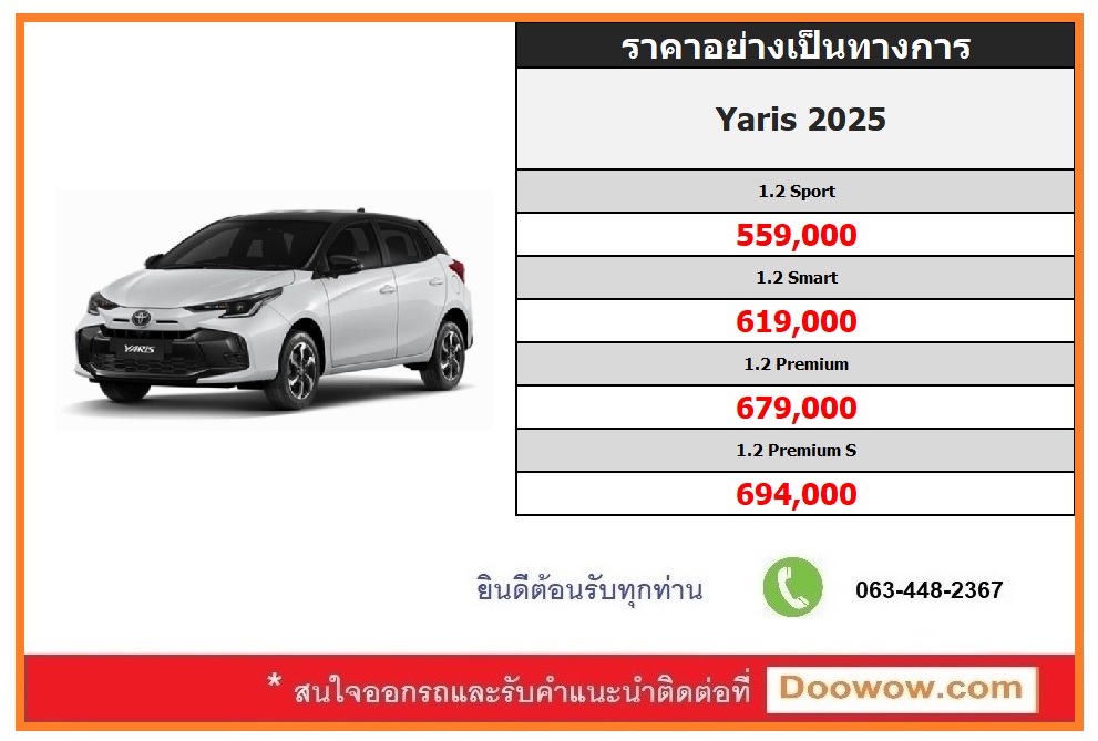 ราคาอย่างเป็นทางการ Toyota Yaris 2025
